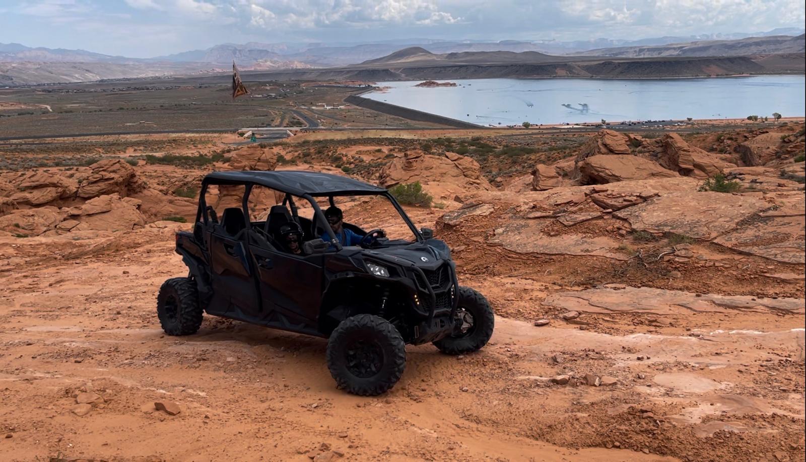 UTV on rocky terrain overlooking a lake near Hurricane, Utah